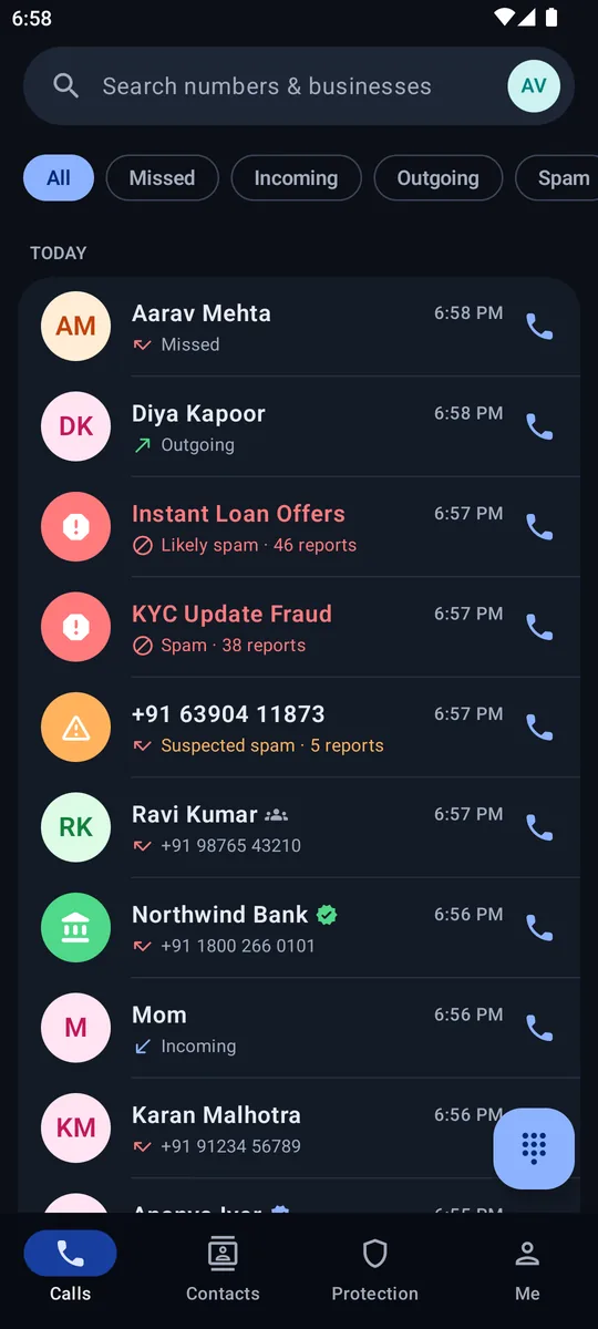 Call history in dark theme