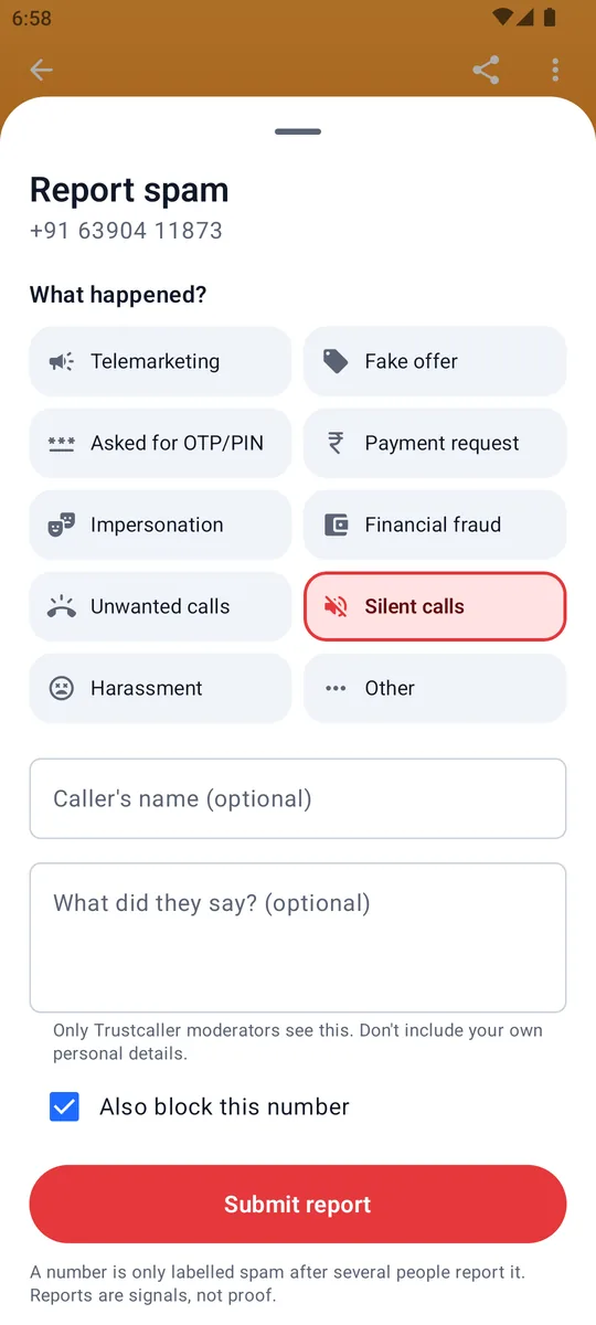 Report spam sheet with report categories